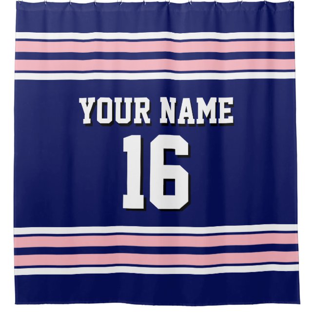 Navy Blue Pink White Stripes Sports Jersey Duschvorhang (Vorderseite)