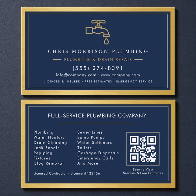 Navy Blue Plumbing Company QR Code Gold Metallic Visitenkarte (Von Creator hochgeladen)