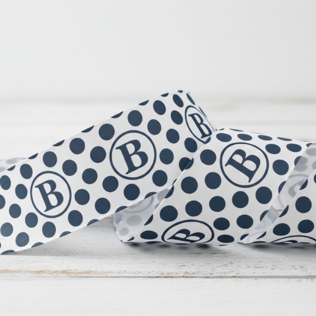 Navy Blue Polka Dot Pattern Monogram Ripsband (Elegant Large Navy Blue Polka Dots Monogram Ribbon for Him. Classic Preppy Big Dots Pattern  for Dad)