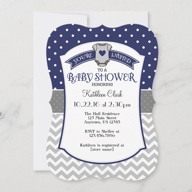 Navy Blue Polka Dot Zickzack Baby Dusche einladen Einladung (Vorderseite)