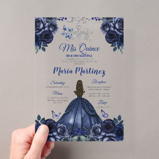 Navy Blue Princess Floral Silver Crown Mis Quince Acryleinladungen
