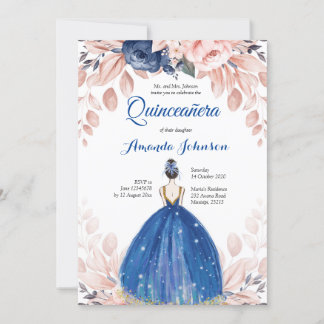 Navy Blue Princess Quinceañera Spanisch 15 Geburts Einladung