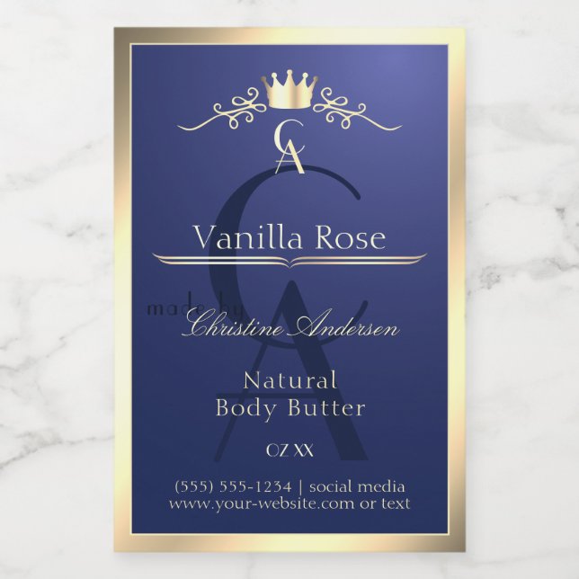 Navy Blue Product Label mit Gold Frame Monogram Lebensmitteletikett (Einzelnes Label)