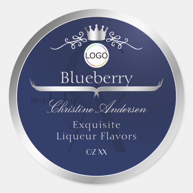 Navy Blue Product Label Silver Frame Logo Monogram Runder Aufkleber (Vorderseite)