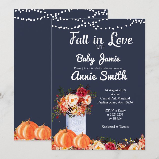 Navy Blue Pumpkin Baby Dusche Einladung (Vorne/Hinten)