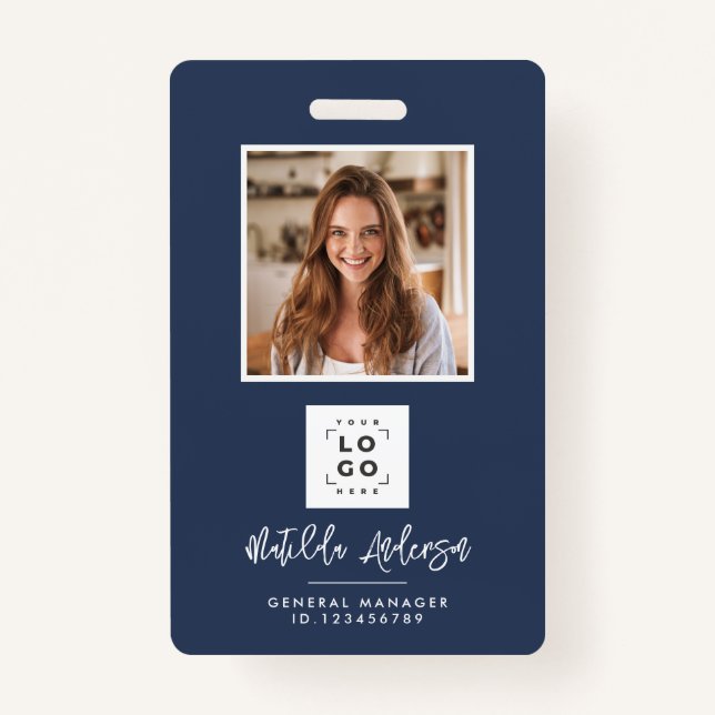 Navy Blue QR Code Modernstes minimales Foto abstra Ausweis (Vorderseite)