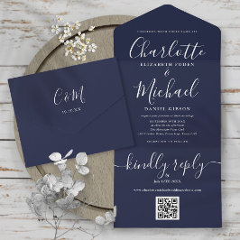 Navy Blue QR Code Script Minimalistisch Hochzeit All In One Einladung