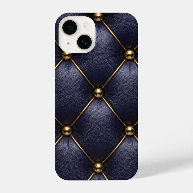 Navy Blue Quilted Leather & Gold Studs Phone Case iPhone 14 Hülle (Rückseite)