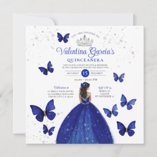 Navy Blue Quinceañera 15 Anos Butterfly Silver in Einladung