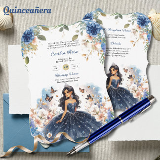 Navy Blue Quinceanera Dress Floral Butterfliegen Einladung
