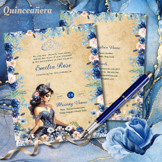 Navy Blue Quinceanera Dress Floral Rose