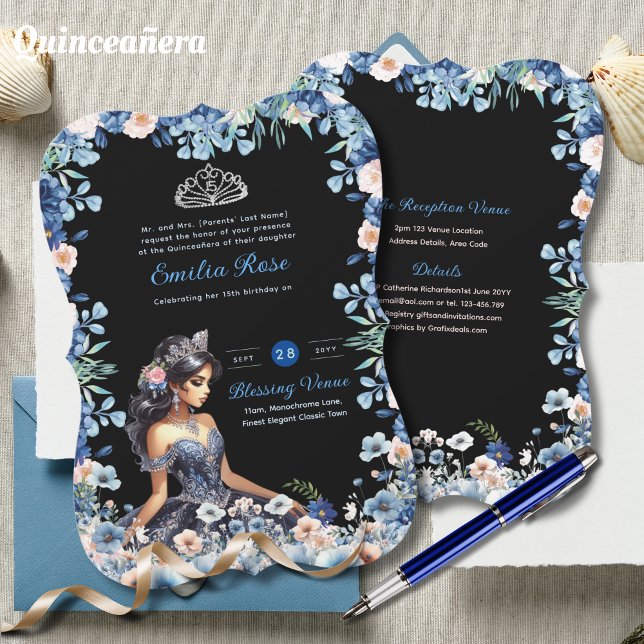 Navy Blue Quinceanera Dress Floral Rose Einladung (Von Creator hochgeladen)