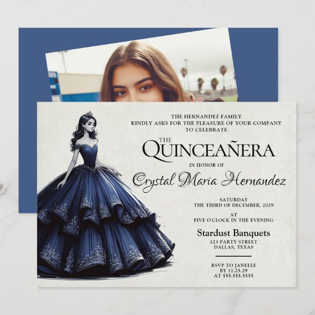 Navy Blue Quinceañera Einladung (Vorne/Hinten)