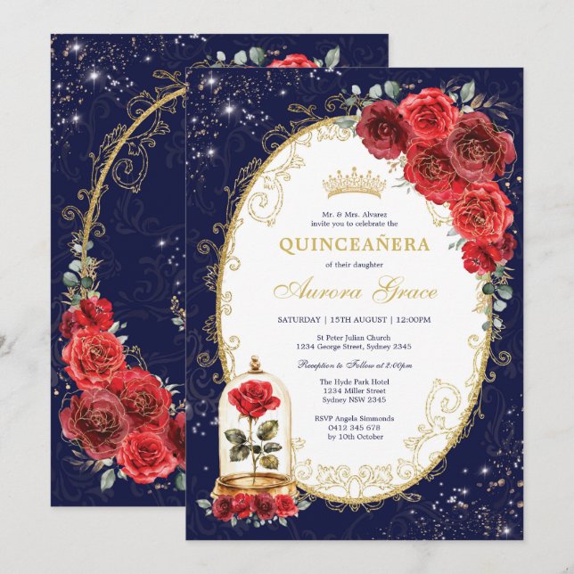 Navy Blue Quinceañera Verzauberte Rote Rosen Party Einladung (Vorne/Hinten)