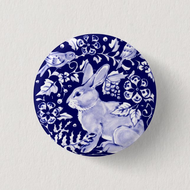 Navy Blue Rabbit Bunny Bird Floral Dedham Delft Button (Vorderseite)