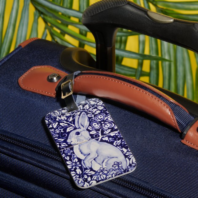 Navy Blue Rabbit Bunny Elegant Floral Travel ID Gepäckanhänger (Vorderseite Insitu 1)