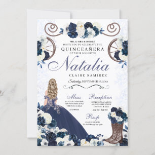 Navy Blue Ranchero Princess Dress Quinceanera Einladung
