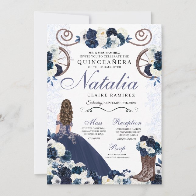 Navy Blue Ranchero Princess Dress Quinceanera Einladung (Vorderseite)