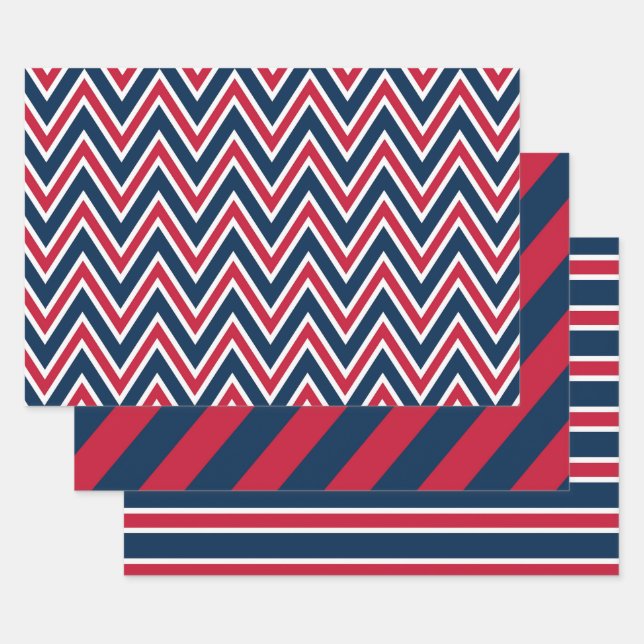 Navy Blue, Red, and White Chevron & Stripe Pattern Geschenkpapier Set (Set)