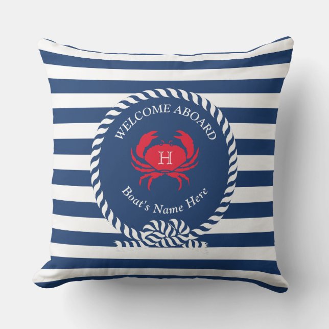 Navy Blue Red Crab Nautical Stripes Name Out Kissen (Vorderseite)