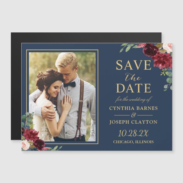 Navy Blue Red Floral Save the Date Foto Magnet (Vorne/Hinten)