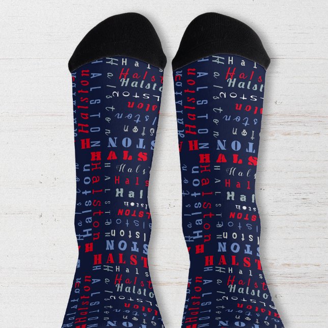 Navy Blue Red Individuelle Name Text Muster Socken (Von Creator hochgeladen)