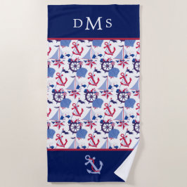 Navy Blue Red Nautic Pattern Monogram Strandtuch