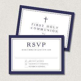 Navy Blue Religious Cross Boy First Communion  RSVP Karte