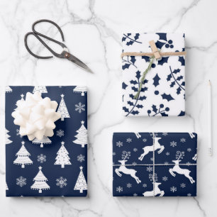 Navy Blue Rentier, Weihnachtsbaum und Holly Patter Geschenkpapier Set