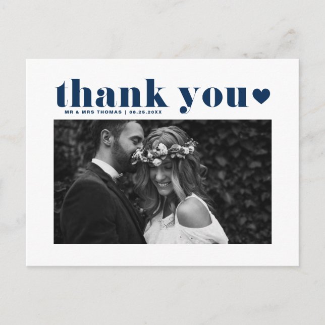 Navy Blue Retro Bold Typografy Wedding Vielen Dank Postkarte (Vorderseite)