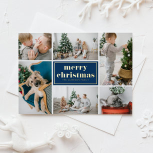 Navy Blue Retro Frohe Weihnachtsfoto Collage Folien Feiertagspostkarte