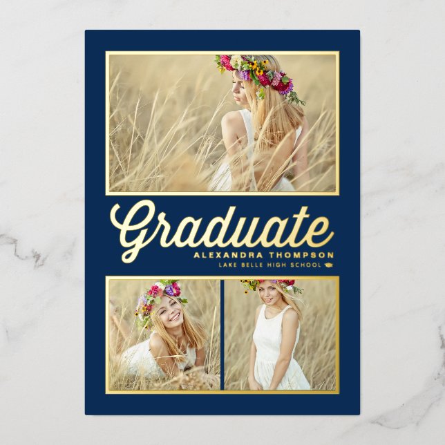 Navy Blue Retro Script Foto Collage Abschluss Folieneinladung (Vorderseite)