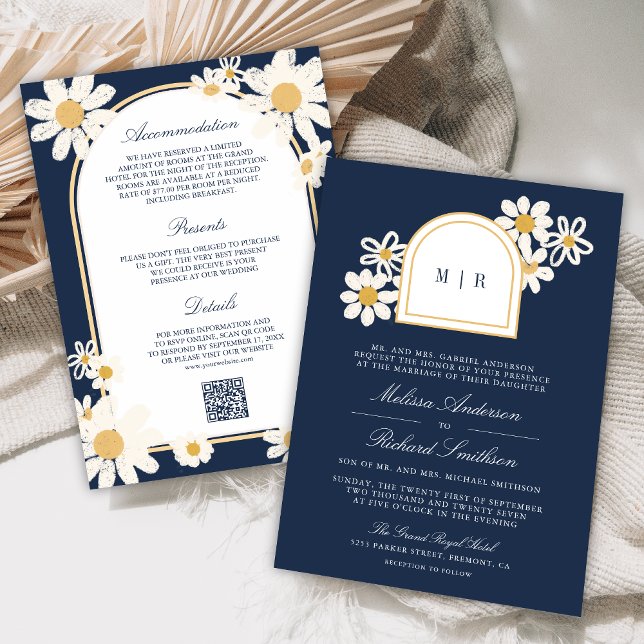 Navy Blue Retro Yellow Daisy All in One Wedding Einladung (Von Creator hochgeladen)
