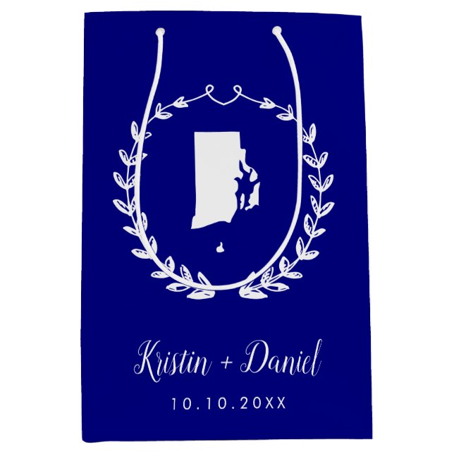 Navy Blue Rhode Island Map Wedding Welcome Swag Mittlere Geschenktüte (Vorderseite)