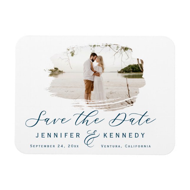 Navy Blue Romantic Brushed Foto Save The Date Magnet (Horizontal)