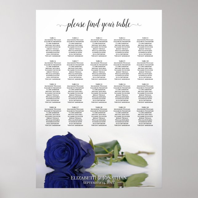 Navy Blue Rose 20 Table Wedding Seating Chart Poster (Vorne)