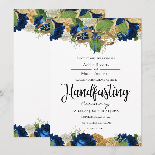 Navy Blue Rose Boho Gold Handfasts Einladung (Vorne/Hinten)