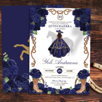 Navy Blue Rose Boots Charra Vestidos Quinceañera Einladung