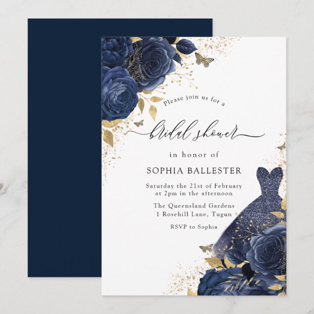 Navy Blue Rose & Dress Gold Brautparty Einladung (Vorne/Hinten)