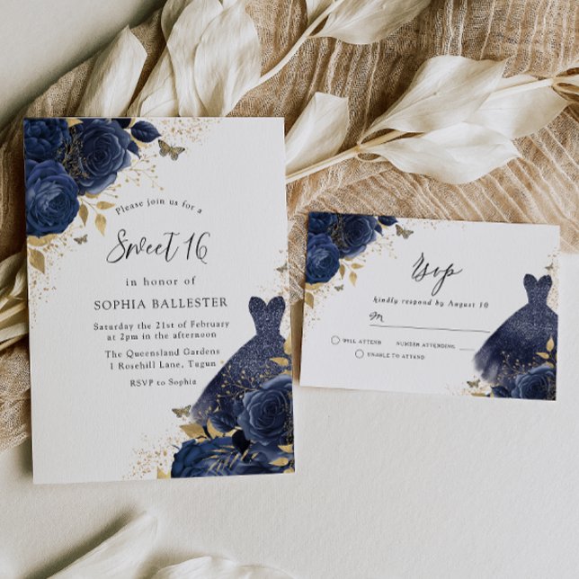 Navy Blue Rose & Dress Gold Sweet 16 Party Einladung (Von Creator hochgeladen)