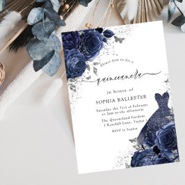 Navy Blue Rose & Dress Silver Quinceanera Party Einladung