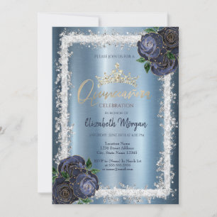 Navy Blue Rose, Glitzer Frame Crown Metallic Einladung