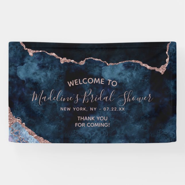 Navy Blue Rose Gold Agate Brautparty Willkommen Banner (Horizontal)