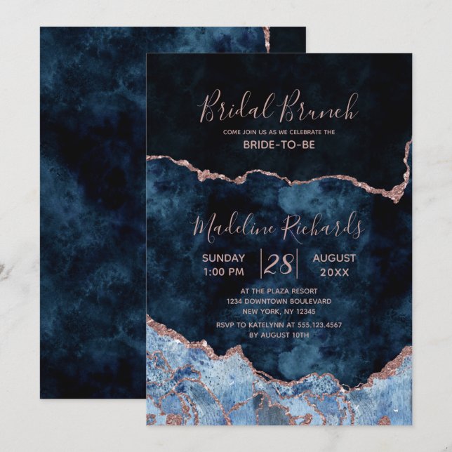 Navy Blue Rose Gold Agate Bridal Brunch Einladung (Vorne/Hinten)
