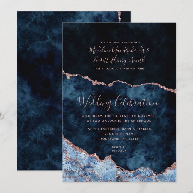 Navy Blue Rose Gold Agate Gilt Hochzeitseinladung Einladung (Vorne/Hinten)