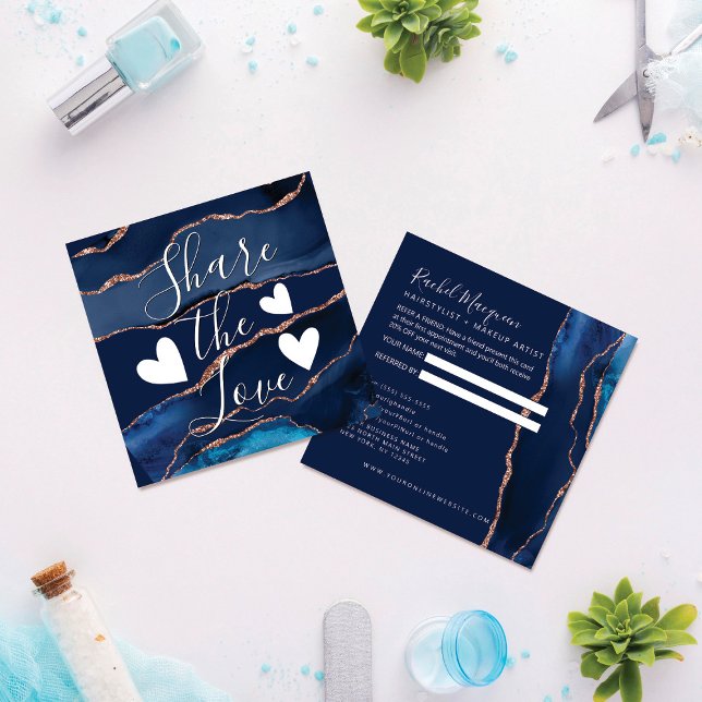 Navy Blue Rose Gold Agate Marble Empfehlungskarte (Von Creator hochgeladen)