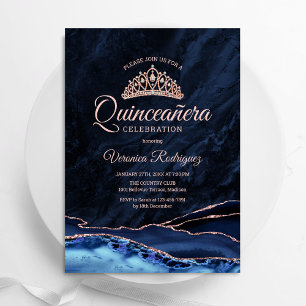 Navy Blue Rose Gold Agate Quinceanera Einladung