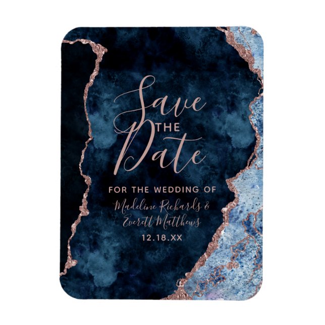 Navy Blue Rose Gold Agate Save the Date Wedding Magnet (Vertikal)