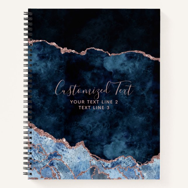 Navy Blue & Rose Gold Aquarell Marmor Agate Gilt Notizbuch (Vorderseite)