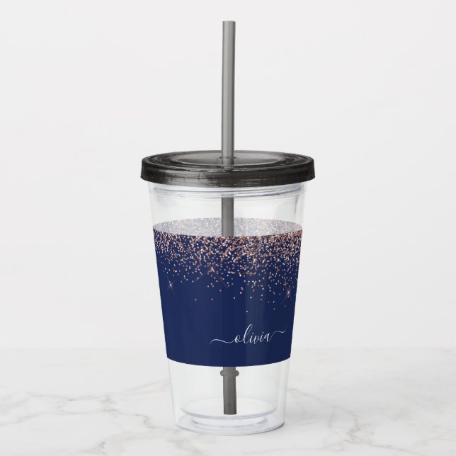 Navy Blue Rose Gold Blush Pink Glitzer Monogram Acryltrinkbecher (Vorderseite)